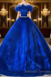 Royal Blue Off Shoulder Beaded Ball Gown Dresses, Royal Blue Sweet 16 Dresses